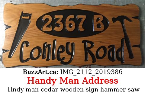 handy man cedar wooden sign hammer saw